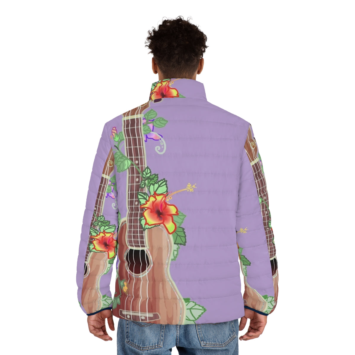 Koa wood ukulele puffer jacket with a floral design - men back