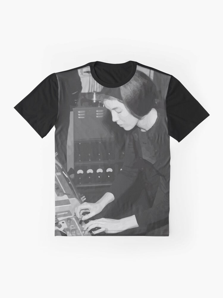 Delia Derbyshire inspired electronic music graphic t-shirt - Flat lay