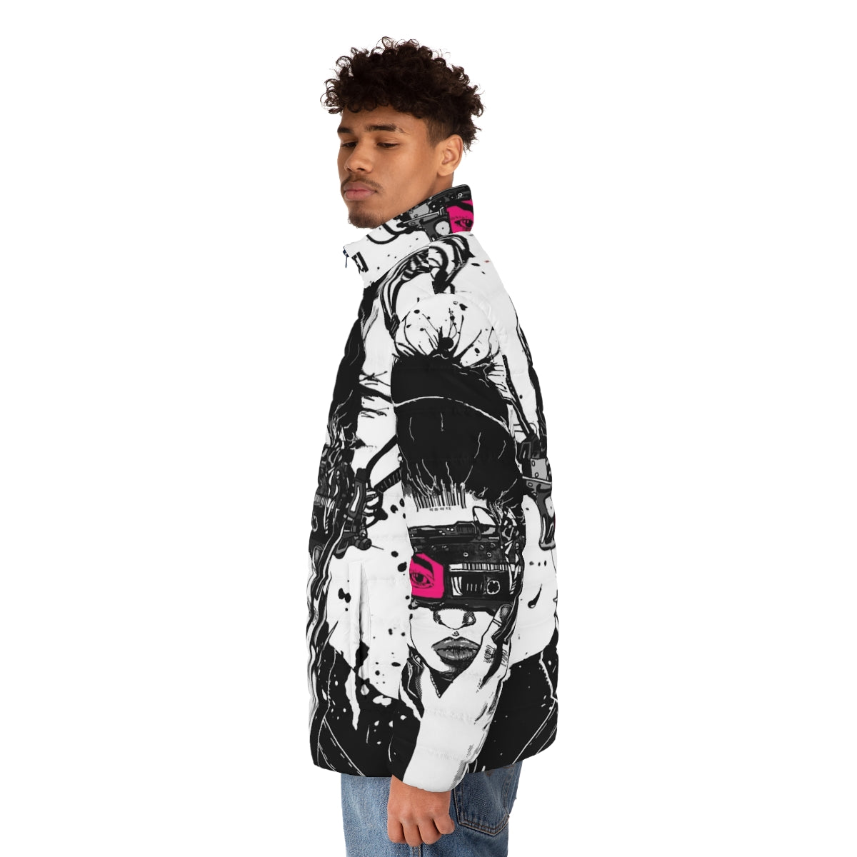 Cyberpunk vaporwave puffer jacket with futuristic urban style - men side left