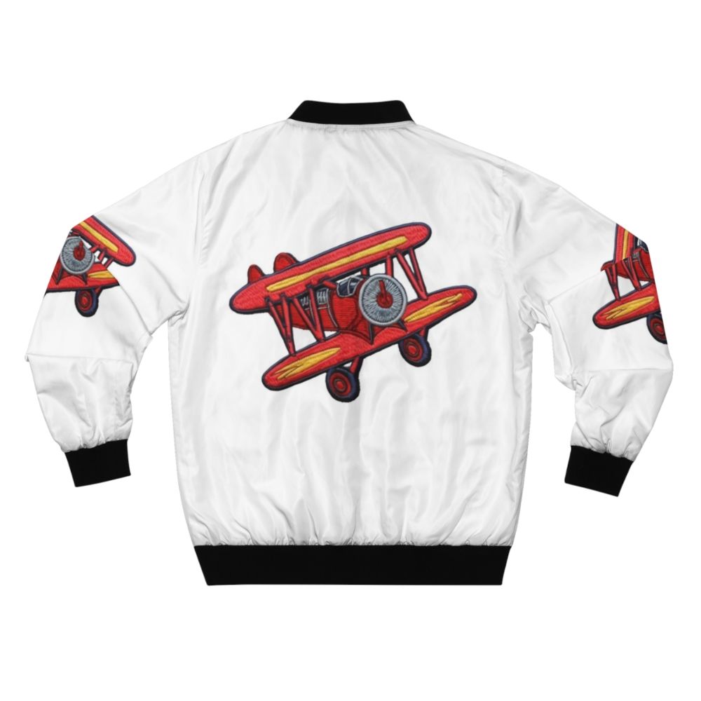 Embroidered bomber jacket with a crop duster airplane and pilot's patch design - Back