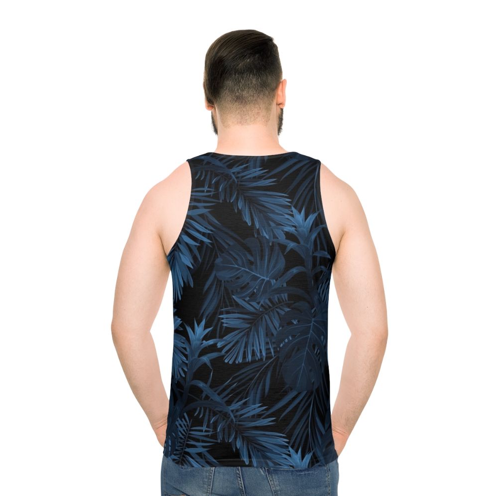 Tropical Indigo Blue Unisex Tank Top with Botanical Leaf Print - men back