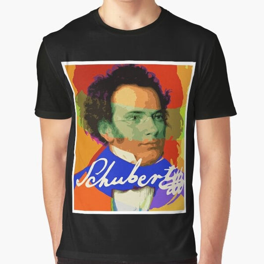 Schubert graphic t-shirt featuring a stylized design for classical music enthusiasts