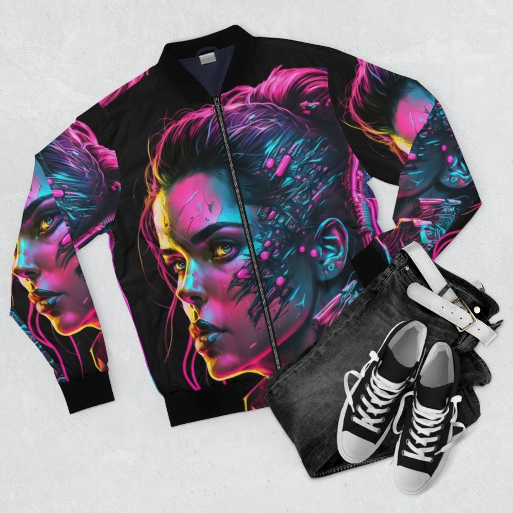 A futuristic-styled bomber jacket with cyberpunk elements and a hybrid design for women. - Flat lay