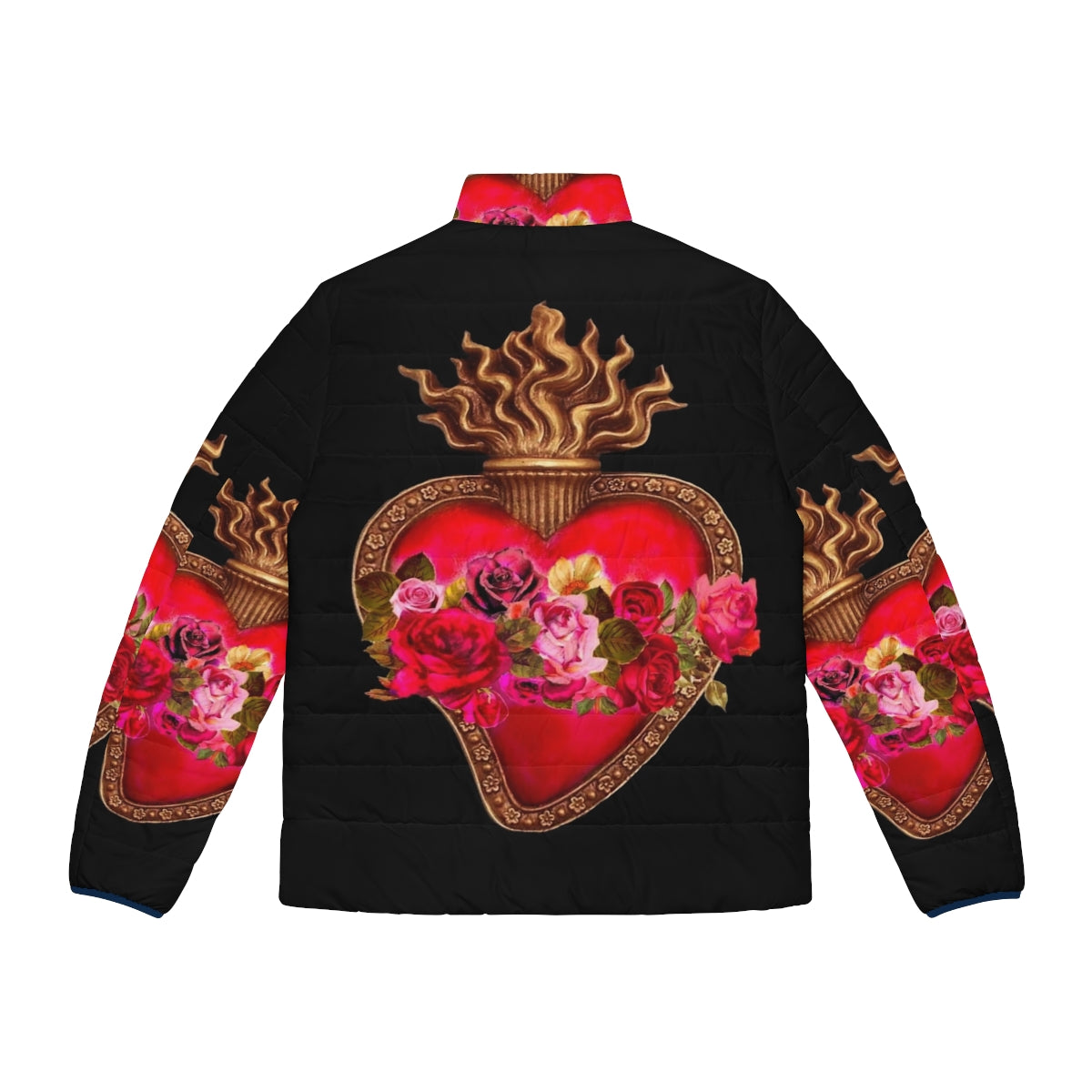 Red puffer jacket with sacred heart design, perfect for faith-based fashion - Back