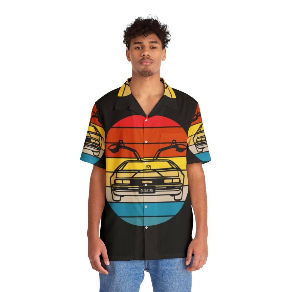 Retro Delorean Sunset Hawaiian Shirt with Back to the Future Inspired Design - People Front