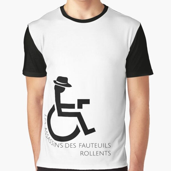 Infinite Jest graphic t-shirt featuring the "Assassins des Fauteuils Rollents" design, a nod to the classic novel by David Foster Wallace.