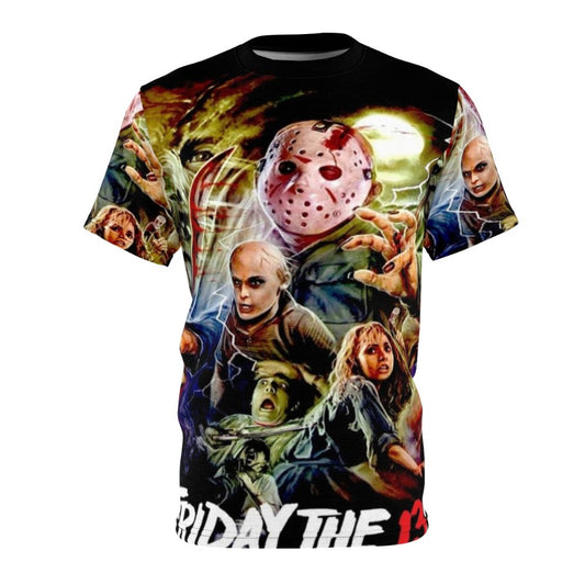 A t-shirt design inspired by the Friday the 13th horror movie franchise, featuring the iconic villain Jason Voorhees.