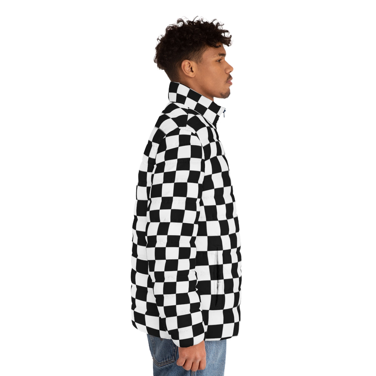 Black checkerboard puffer jacket with a modern, geometric pattern - men side right