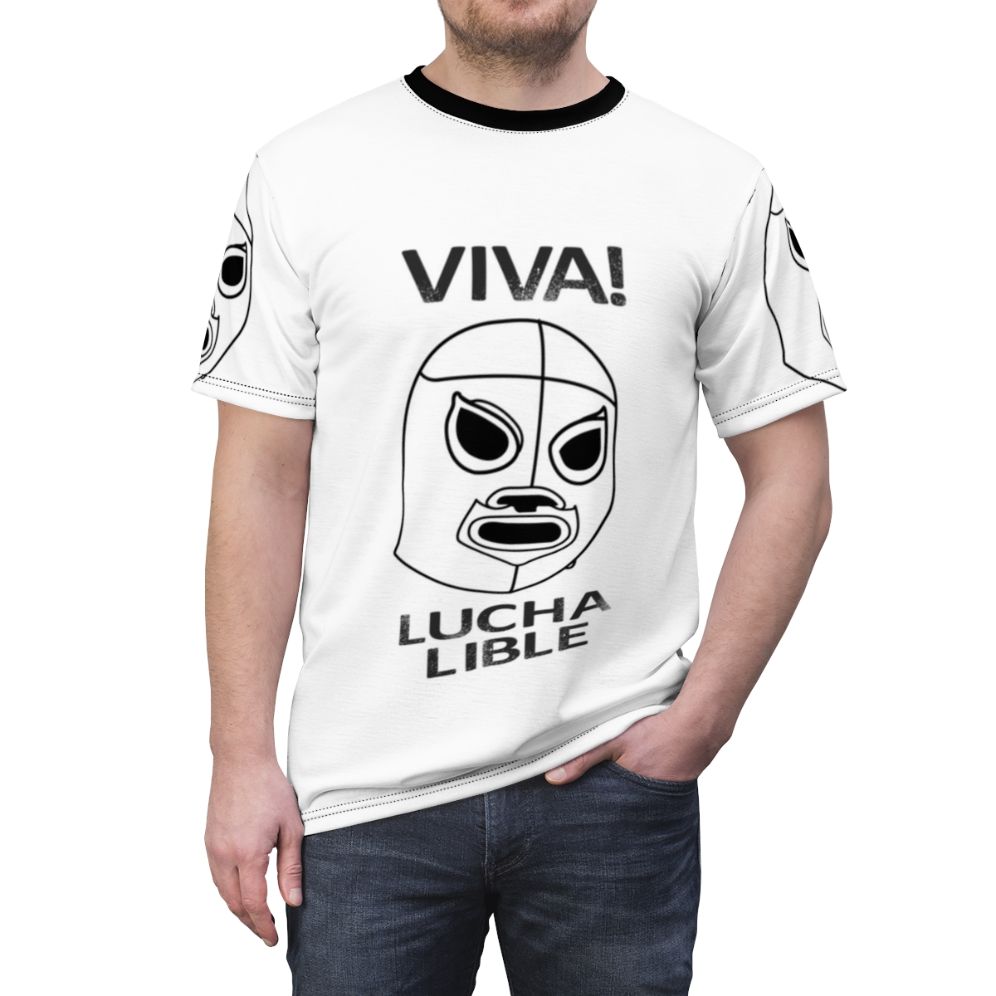 Nmh1 010 Viva Lucha Libre graphic t-shirt featuring Mexican pro wrestling and wrestling fan imagery - men front