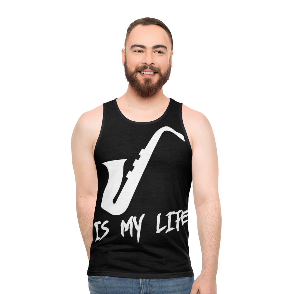 Unisex tank top with "Saxophone Is My Life" text - men