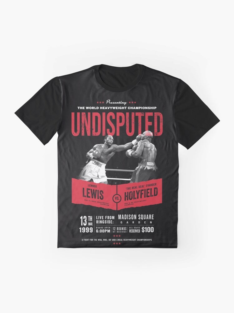 Graphic t-shirt design featuring Lennox Lewis and Evander Holyfield, the undisputed heavyweight boxing champions. - Flat lay