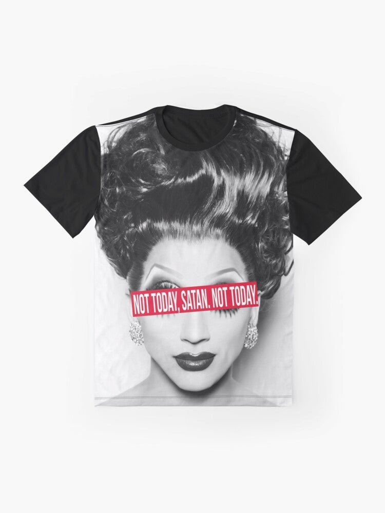 Graphic t-shirt with the text "Not Today, Satan. Not Today." for RuPaul's Drag Race fans. - Flat lay