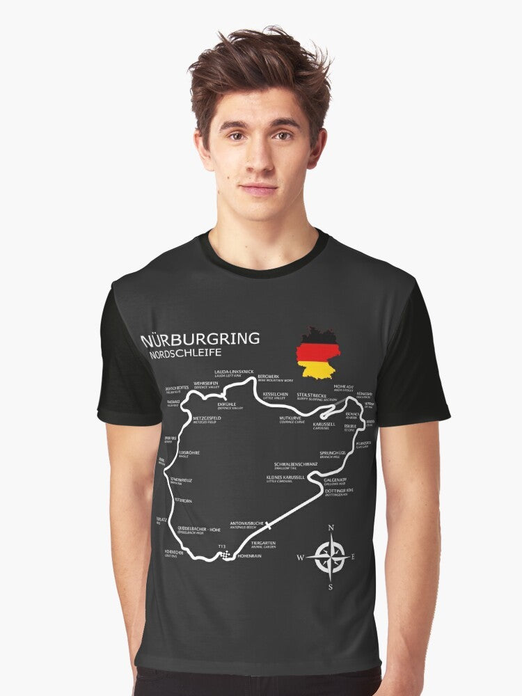 Graphic t-shirt featuring the iconic Nürburgring Nordschleife racetrack, a legendary motorsports destination. - Men