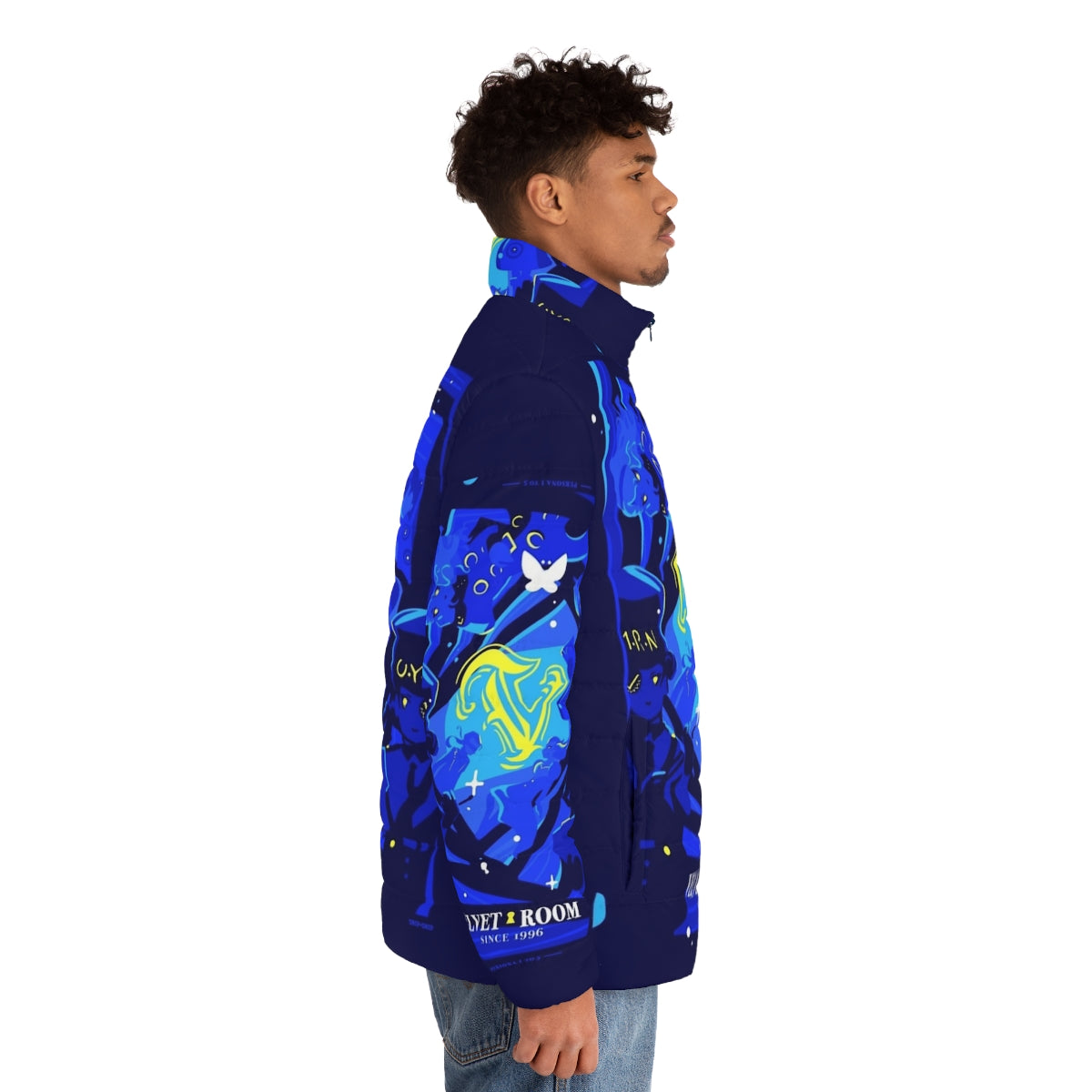 Persona 5 Velvet Room-inspired puffer jacket featuring stylish design and gaming elements - men side right