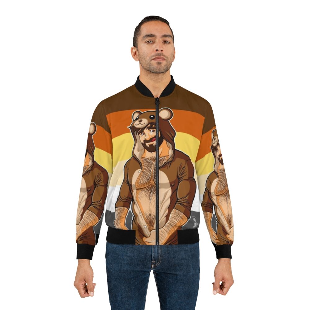 A bomber jacket featuring a bold bear pride design with a cute bobo bear illustration - Lifestyle