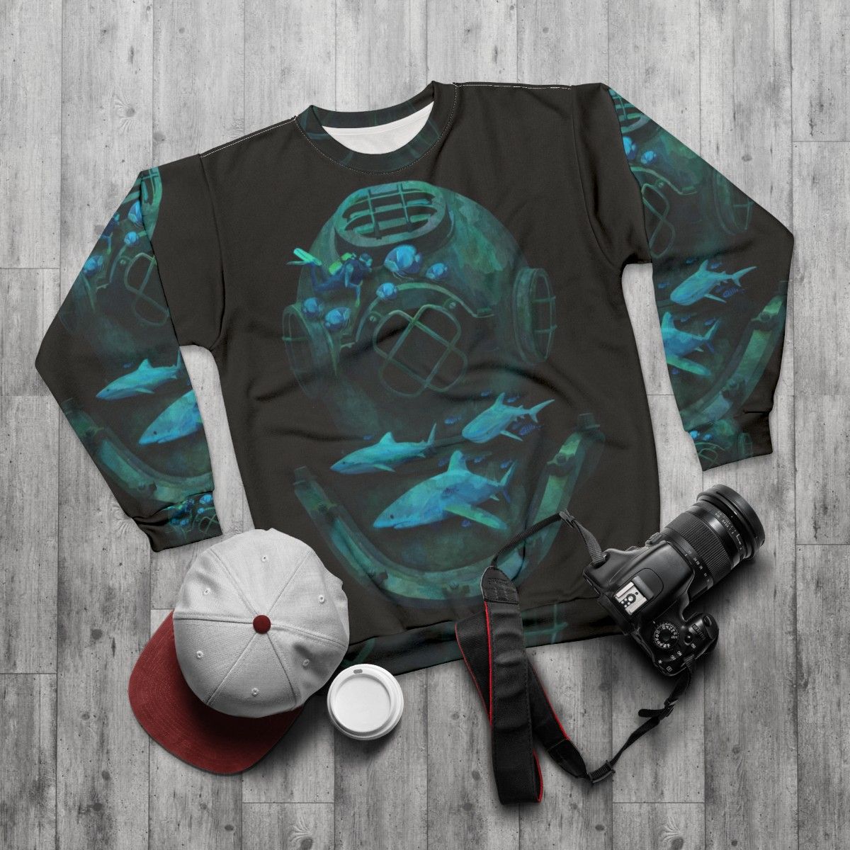 Deep Diving Sweatshirt with Marine Life Design - flat lay