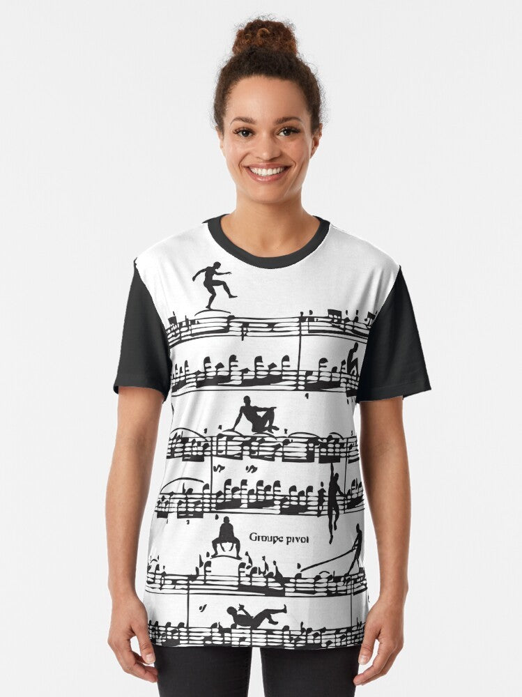 Illustration of Mozart's silhouette with musical notes and instruments on a men's graphic t-shirt - Women