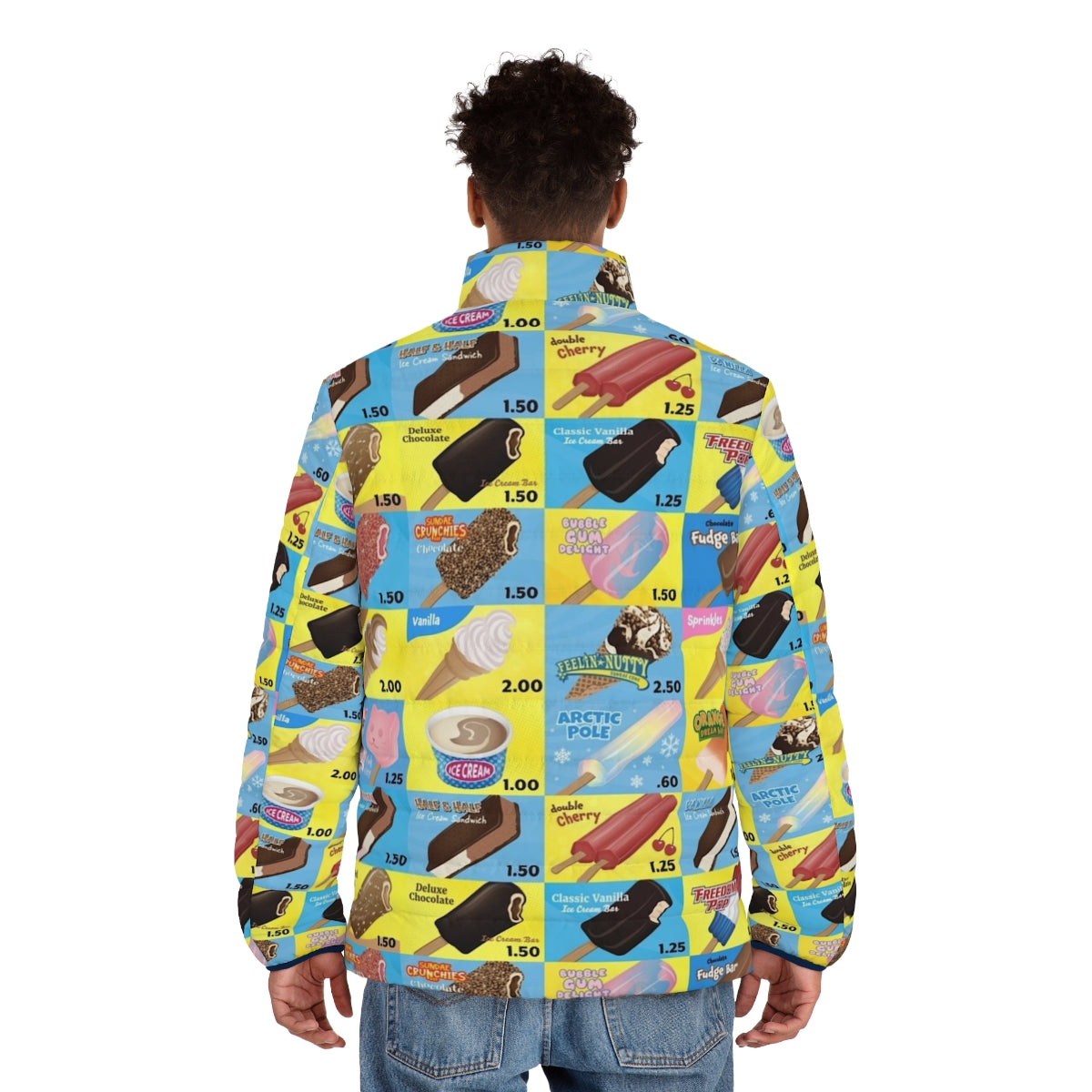 Puffer jacket featuring a vintage ice cream truck menu design with cones, sandwiches, and sprinkles - men back