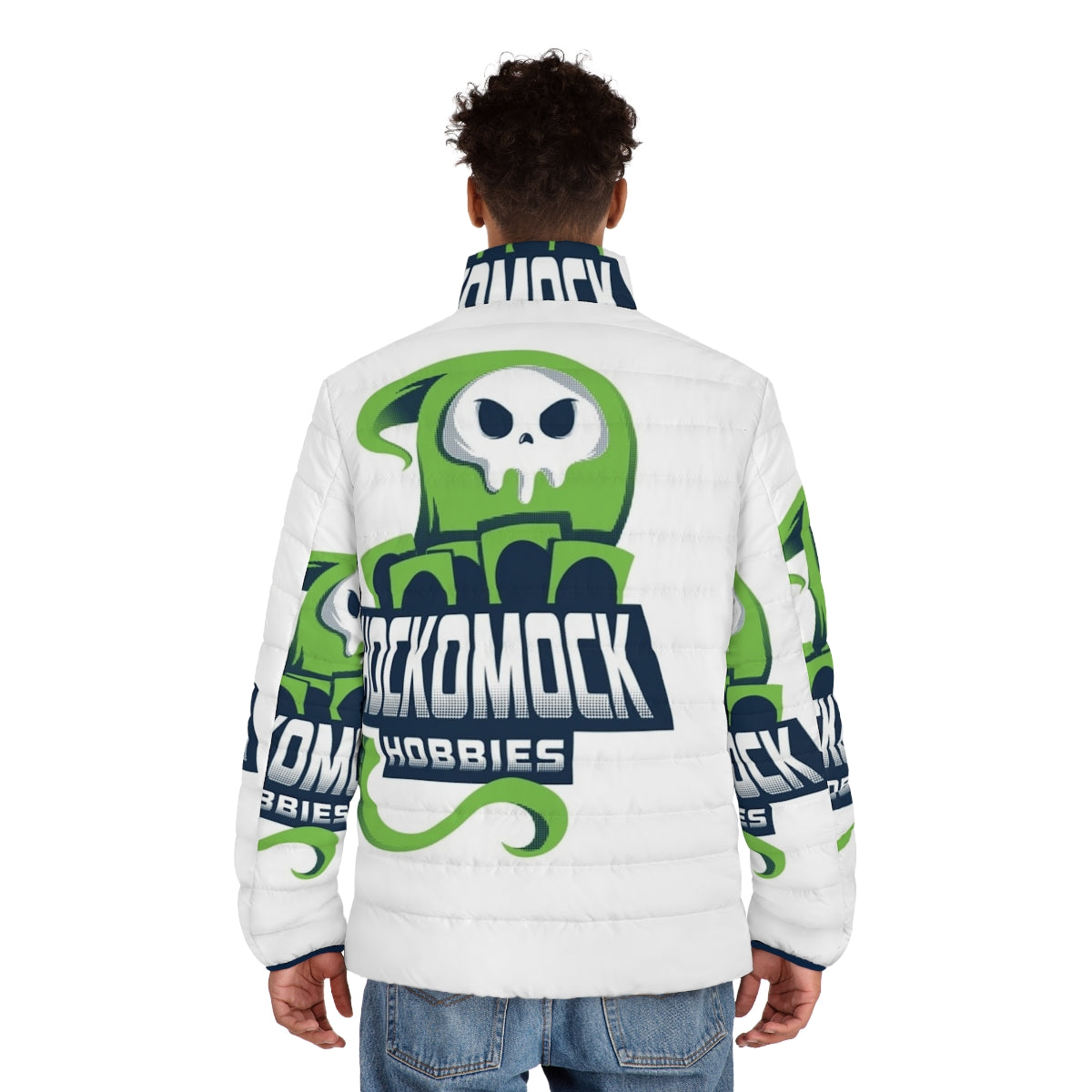 Hockomock Hobbies logo puffer jacket for MTG geeks and nerds - men back