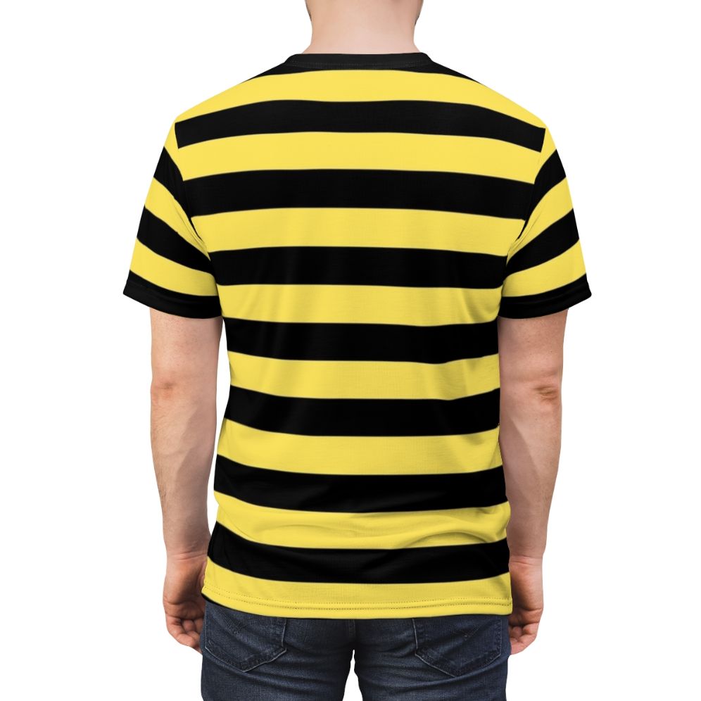 Stylish black and yellow striped t-shirt with a bold, graphic design inspired by the popular "Me Before You" movie and book. - men back