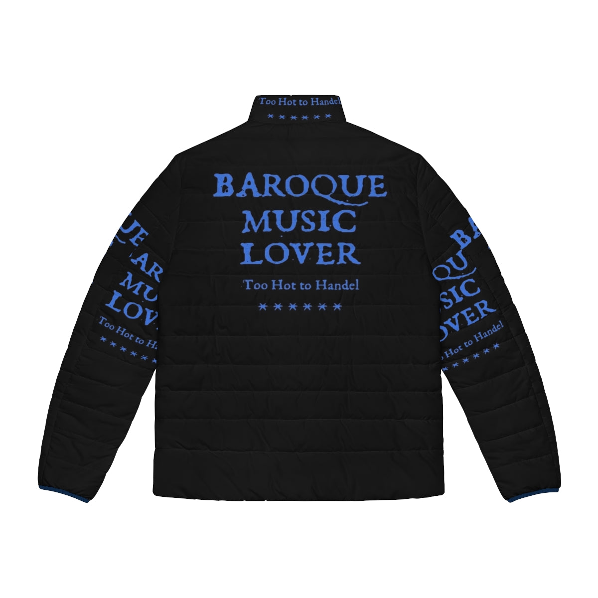 Classical and baroque music lover wearing a funny puffer jacket with a Handel tribute design - Back