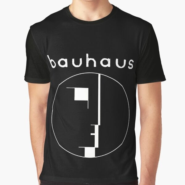 Bauhaus post punk retro graphic t-shirt featuring the iconic Bauhaus band logo and visual elements