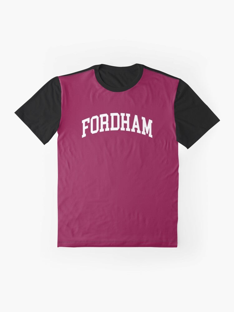 Fordham College Curved Graphic T-Shirt, featuring the Fordham university logo in a curved font design - Flat lay