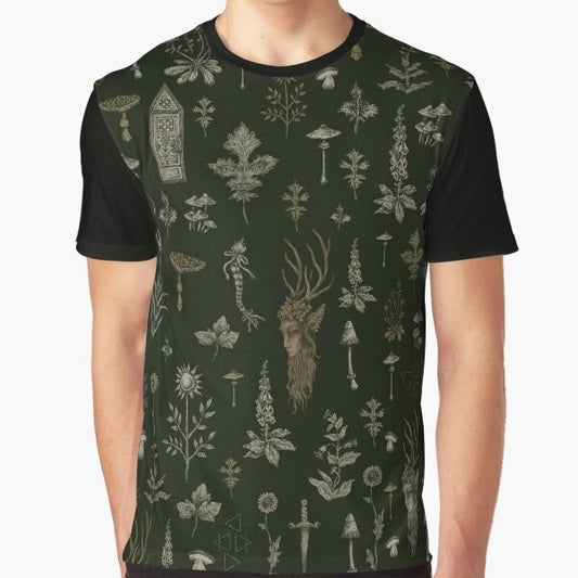 A graphic t-shirt design featuring a nature guardian with deer, oak tree, mushrooms, and pagan symbols.