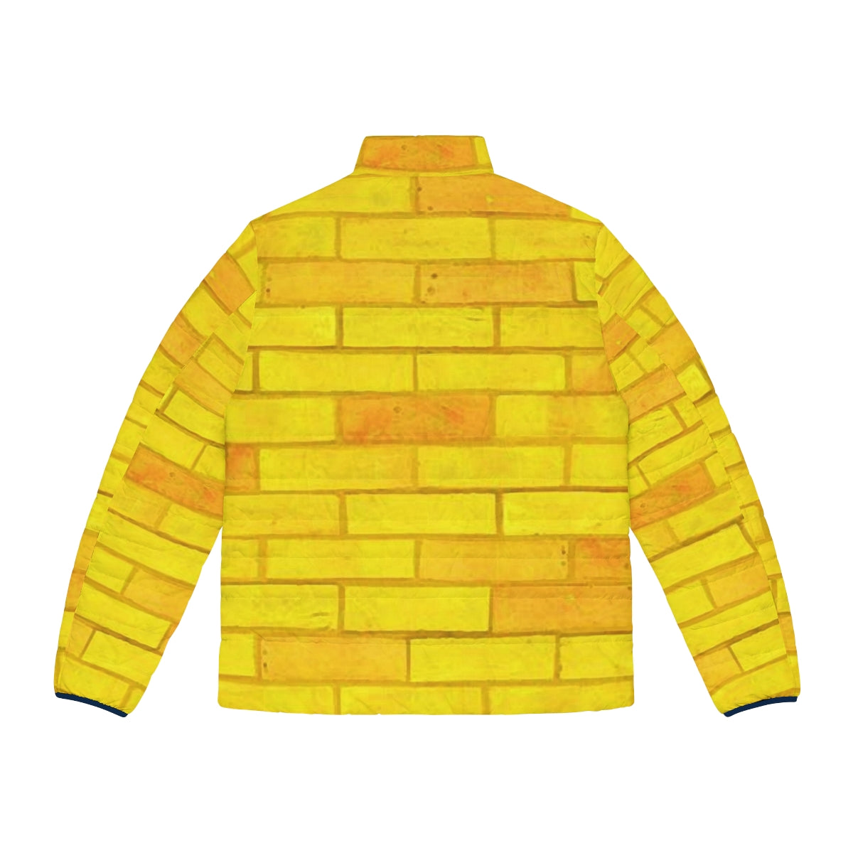 Person wearing a yellow puffer jacket with a brick road design, inspired by the Wizard of Oz - Back