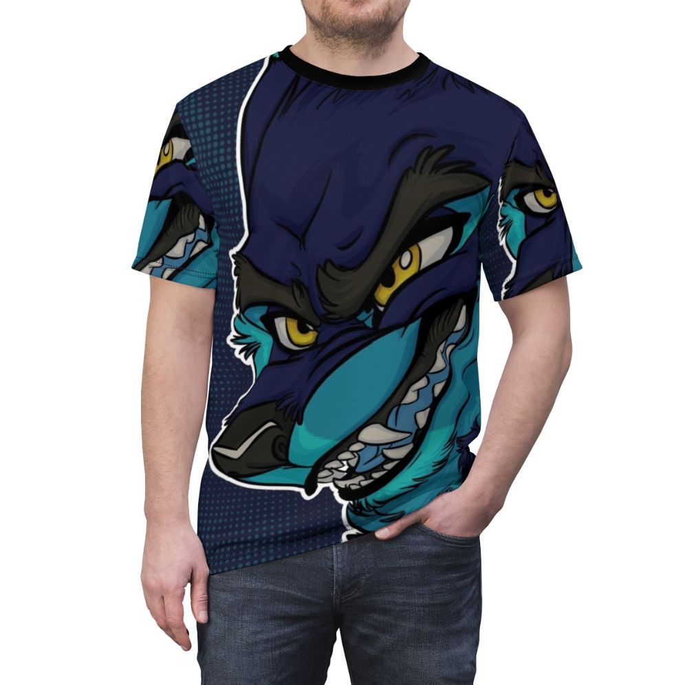 Fierce and commanding blue furry wolf anthro character design on a t-shirt - men front