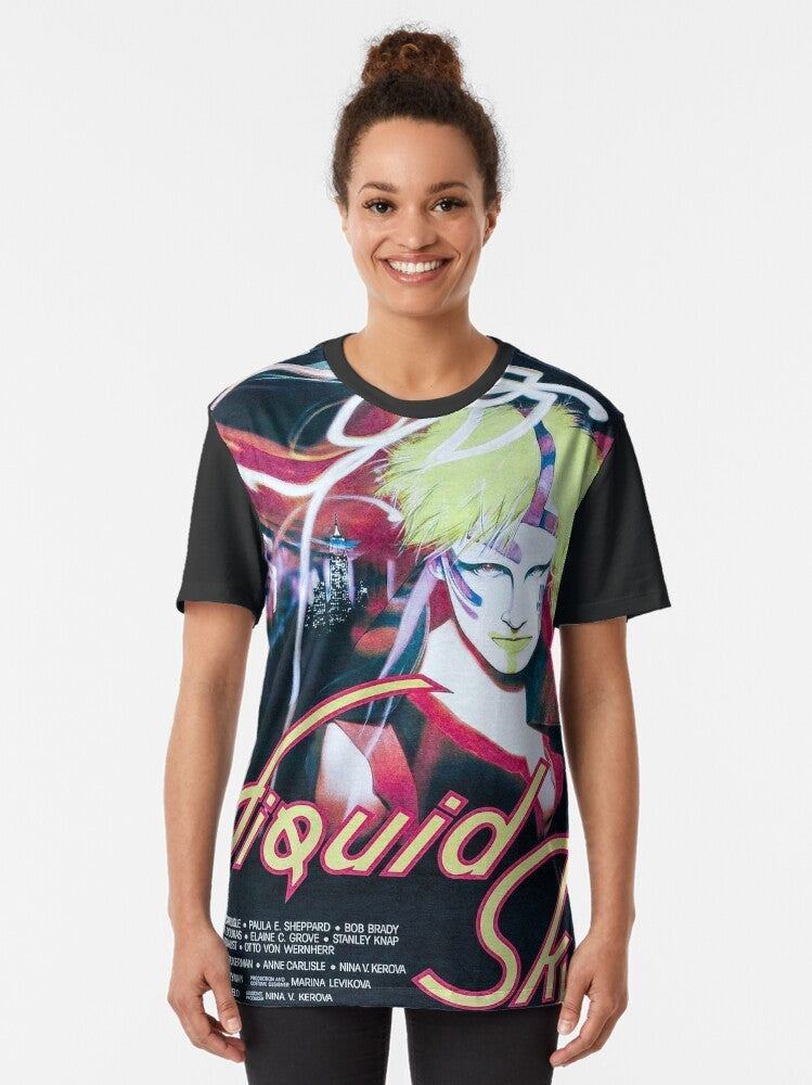 A vibrant and surreal graphic t-shirt featuring the cult classic "Liquid Sky" movie logo and imagery, perfect for fans of 80s retro and psychedelic aesthetics. - Women