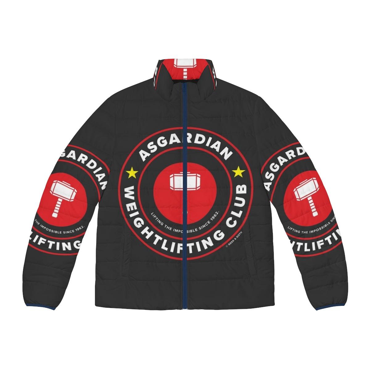 Asgardian Weightlifting Club Superhero Puffer Jacket featuring Marvel and DC inspired design