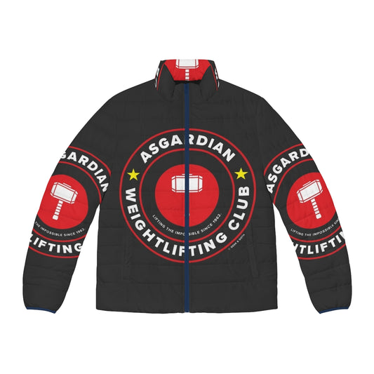 Asgardian Weightlifting Club Superhero Puffer Jacket featuring Marvel and DC inspired design