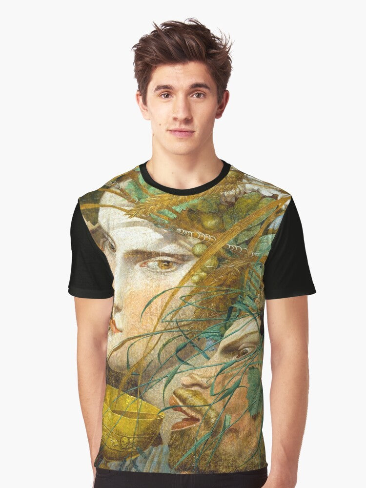 Graphic t-shirt featuring "Bacchanalian Scene" painting by Richard Dadd, depicting the mythological bacchanalia of Dionysus. - Men