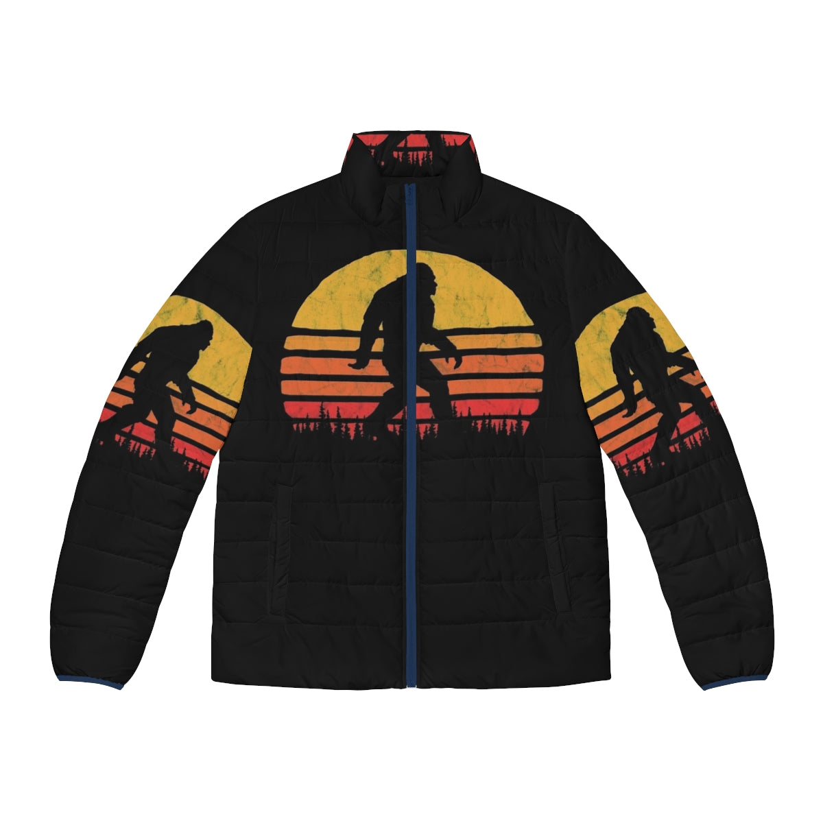 Retro puffer jacket with bigfoot silhouette and vintage sunset design