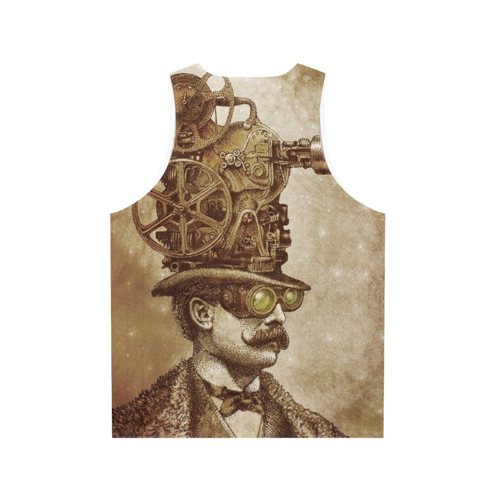 Unisex steampunk tank top with fantasy illustration of a movie projector - Back