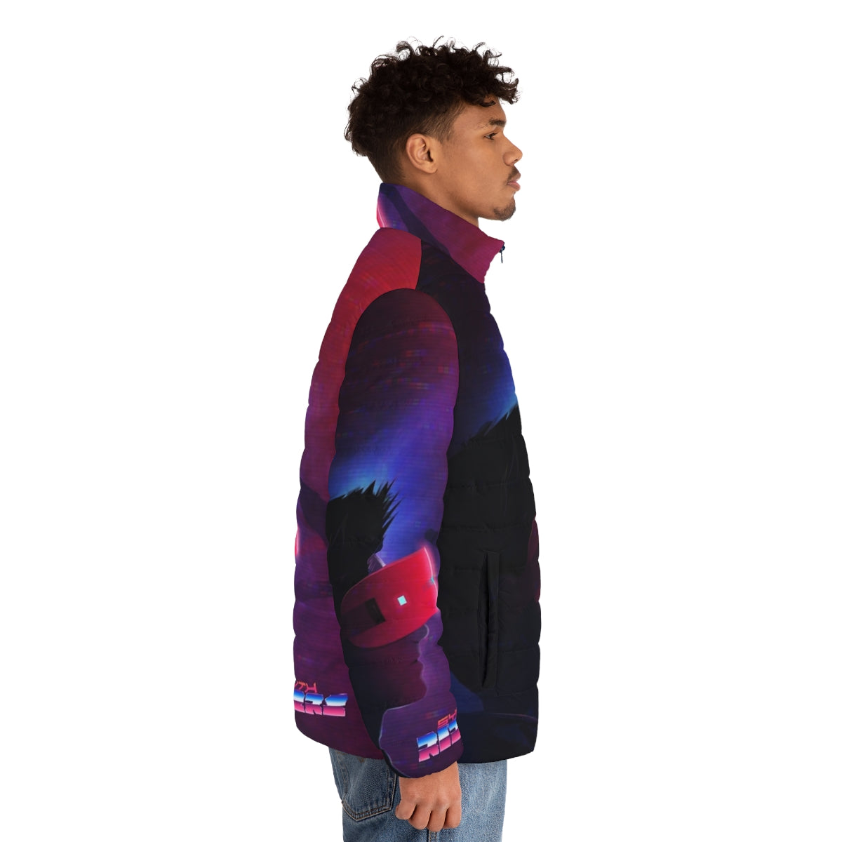 Synth Riders VR puffer jacket featuring a vibrant, futuristic design - men side right