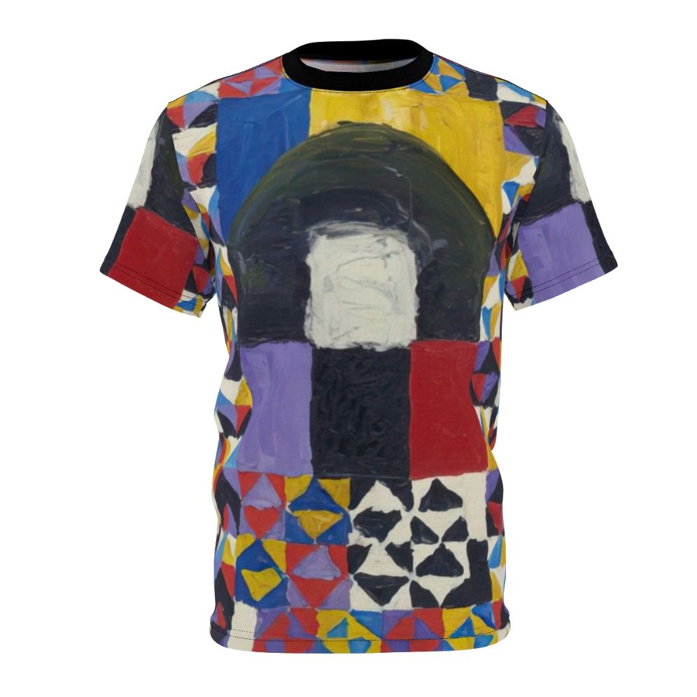 Vibrant abstract geometric t-shirt design with cosmic patterns and marine elements