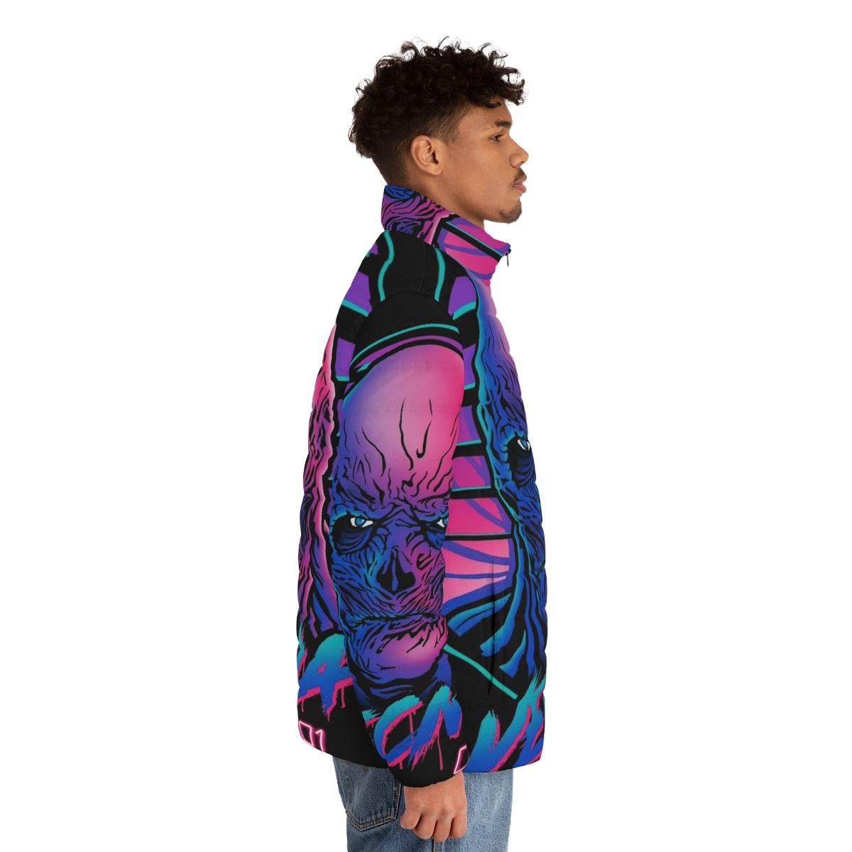 Retro Vecna Puffer Jacket with 80s-inspired design featuring Stranger Things-inspired elements - men side right