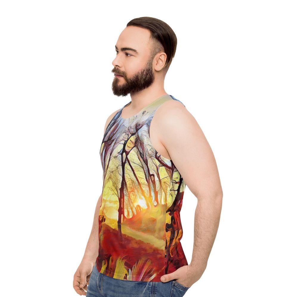 Unisex tank top with a serene mountain landscape and sunrise over trees design - men side