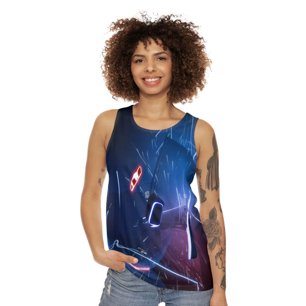 Unisex tank top featuring virtual reality, gaming, and futuristic space-themed design - women