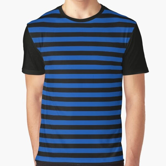 Cobalt blue and black horizontal stripes graphic t-shirt