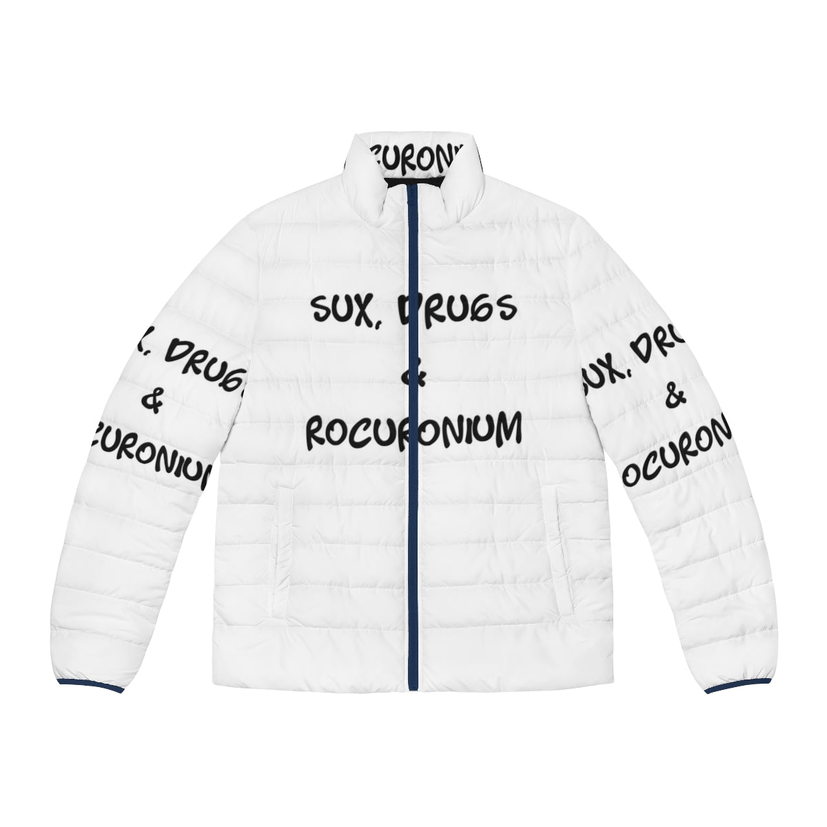 Anaesthetic puffer jacket with drug labels