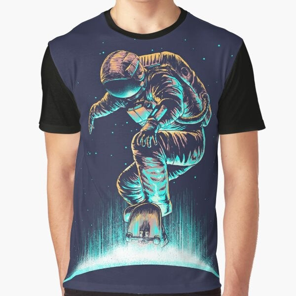 Space-themed graphic design with abstract, surrealist, and neon elements on a t-shirt