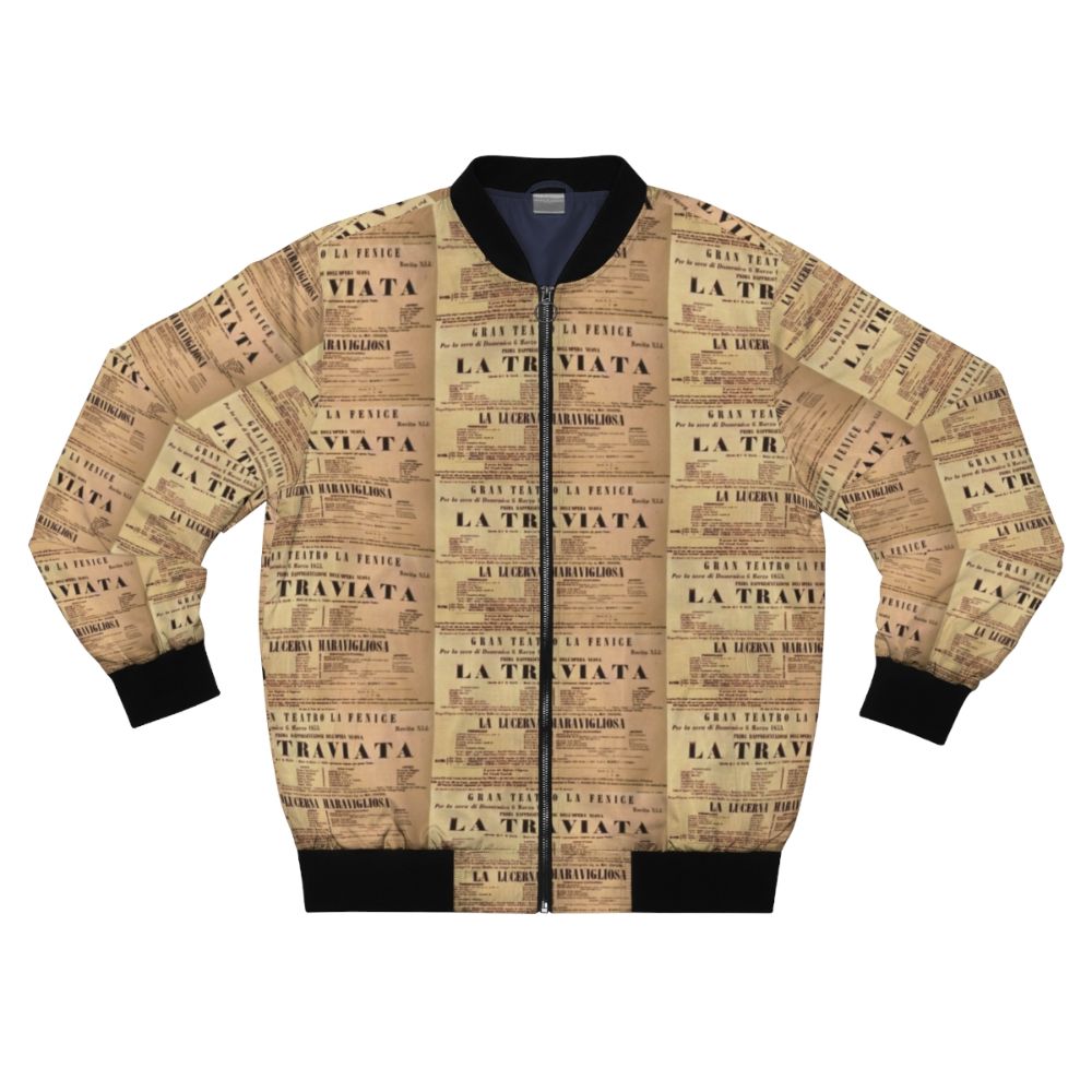 Vintage bomber jacket featuring the poster art for the world premiere of Giuseppe Verdi's opera "La Traviata" in 1853