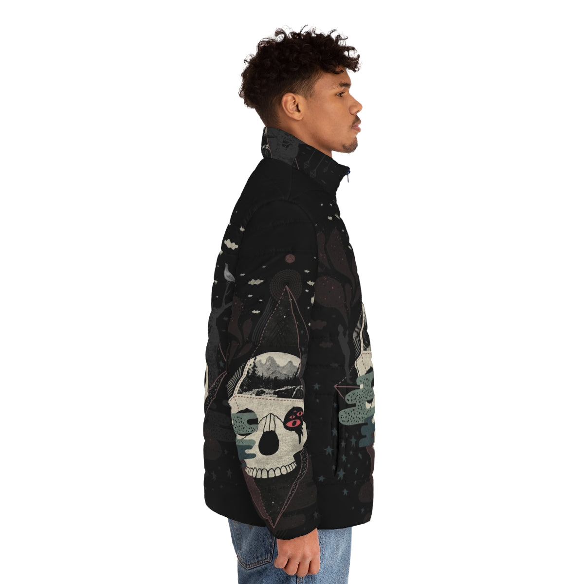 Cozy puffer jacket with surreal, abstract night and nature design - men side right