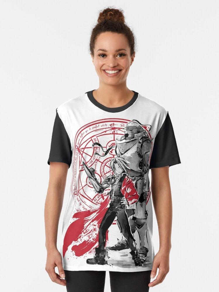 Fullmetal Alchemist: Brotherhood Sumi-E Graphic T-Shirt featuring the Elric brothers and homunculus symbols - Women