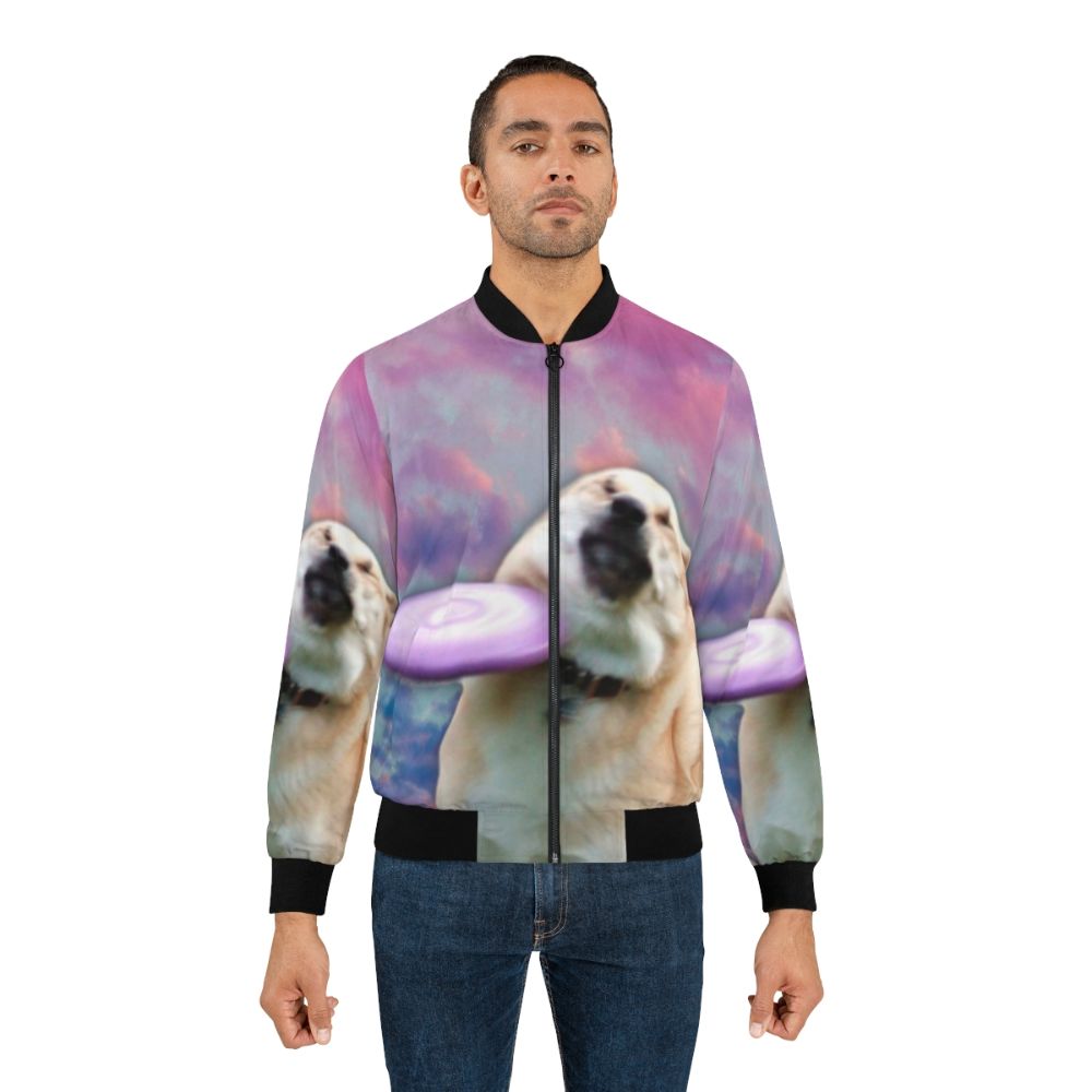 A Frisbee-catching Doge meme-inspired bomber jacket with a vaporwave cloud design - Lifestyle