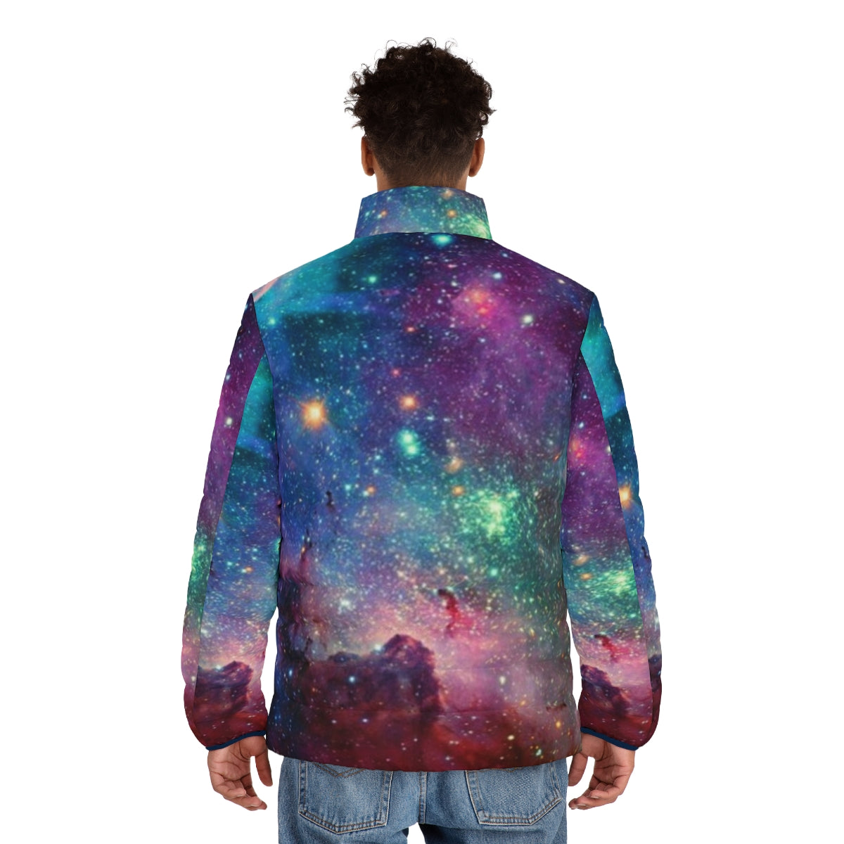 Galaxy puffer jacket with cosmic pattern and celestial design - men back