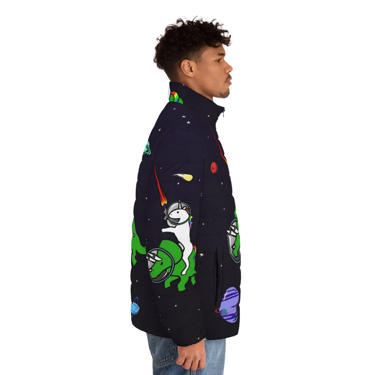 A whimsical puffer jacket featuring a unicorn riding a triceratops in an outer space setting - men side right